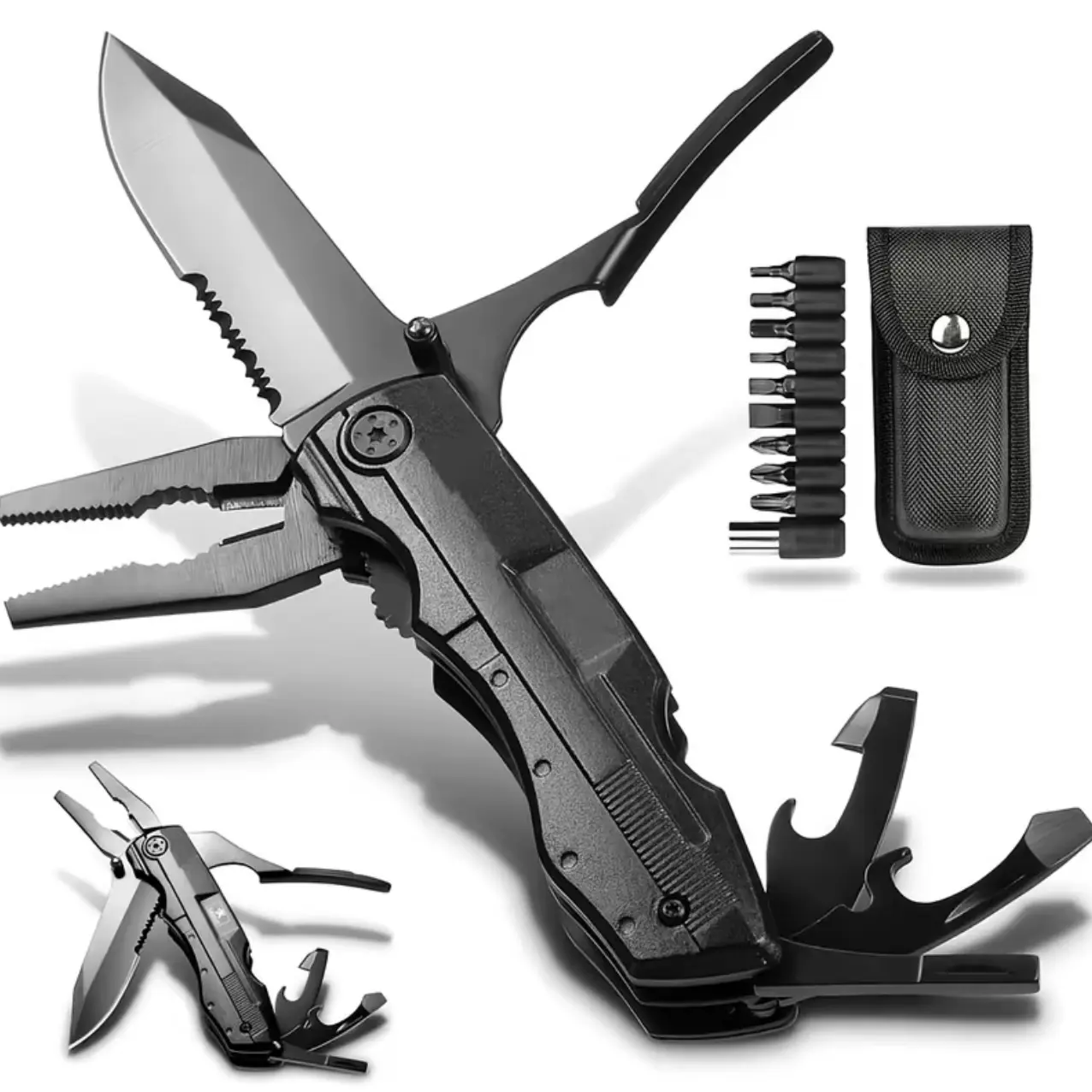 Stainless Steel 16-in-1 Compact Folding Multi-Tool with Folding Handle - Outdoor Survival Tool Including Saw, Blade, Pliers, Screwdriver, Bottle Opener - Ideal for Hiking, Emergency Use