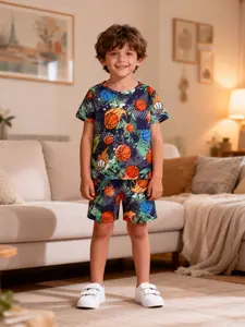 Boys' 2-Piece Short Set Digital Print Flame Basketball Pattern, Casual Comfortable Home Sleepwear, Fitted Style