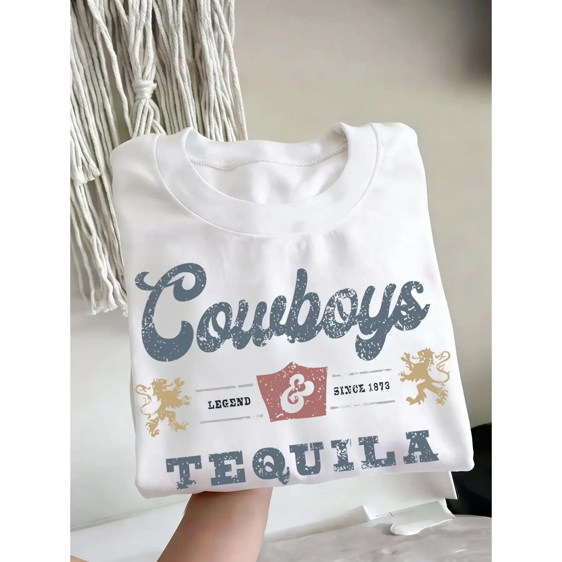 Women's Cowboy & Tequila Western Graphic Tee, Distressed Cowboy Tee, Summer Loose Fit Round Neck Short Sleeve, Casual Polyester Top for Gifts and Weekend Outfit, Concert Outfit, Barbecue Party, Oversized, Womenswear graphic tees