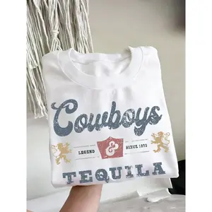 Women's Cowboy & Tequila Western Graphic Tee, Distressed Cowboy Tee, Summer Loose Fit Round Neck Short Sleeve, Casual Polyester Top for Gifts and Weekend Outfit, Concert Outfit, Barbecue Party, Oversized, Womenswear graphic tees