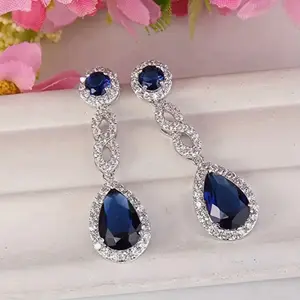 Elegant Royal Blue Zircon Dangle Earrings with Teardrop Design and Sparkling Accents