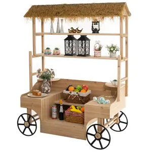 Vintiquewise QI004810 Lightweight Wooden Rolling Storage Cart - Decorative Open Shelf Organiser with Multi-Tier Racks, Straw Roof, 2 Black Wheels, Floral Plant Display Container for Home Organization