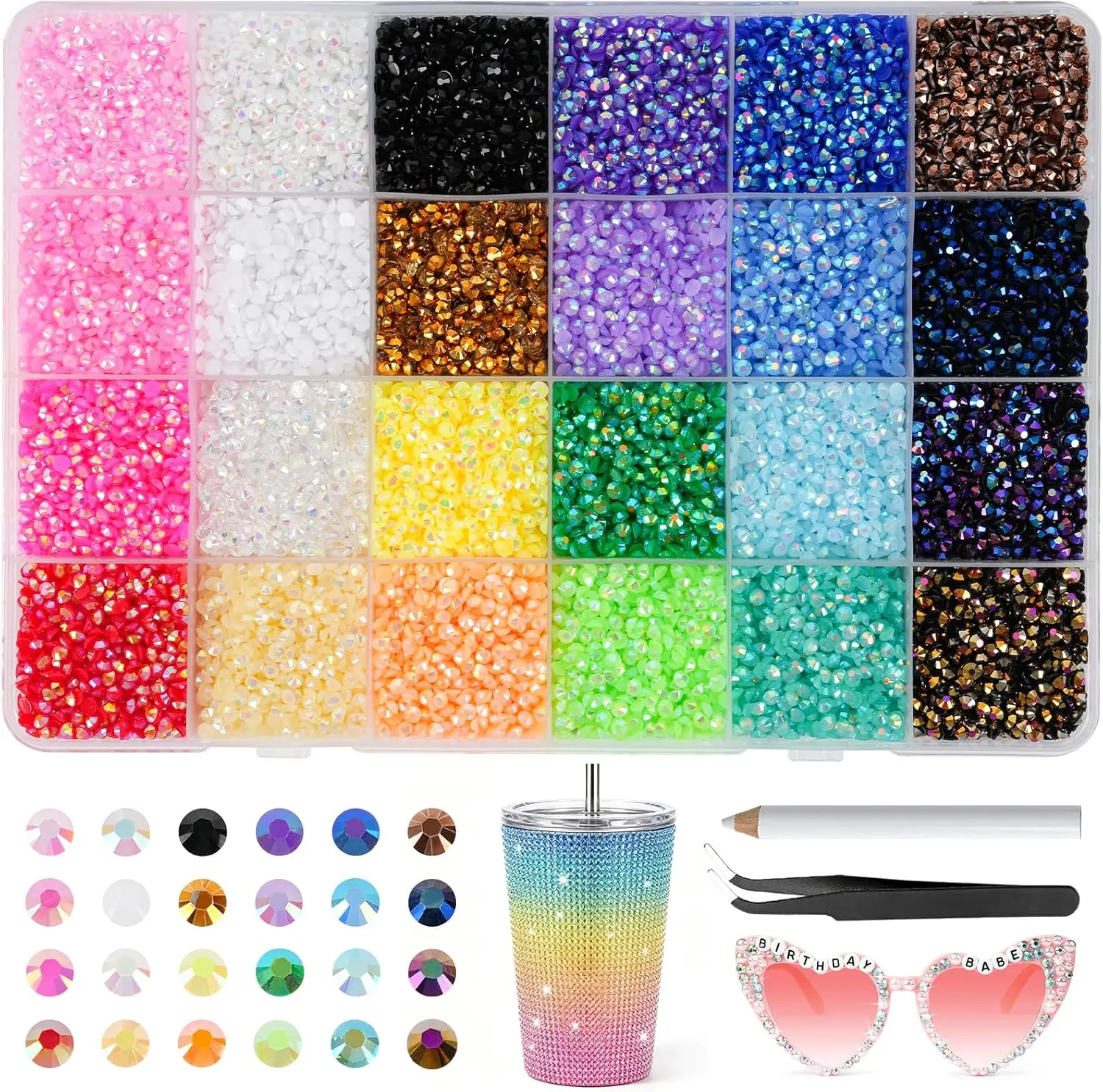 Canvalite 24000Pcs Resin Jelly Rhinestones Bedazzling Kit, No Glue Included, 3mm(SS12) Multicolor Rhinestones for Bedazzling, Flatback Gems with Wax Pencil and Tweezers for DIY Crafts, Nail Art