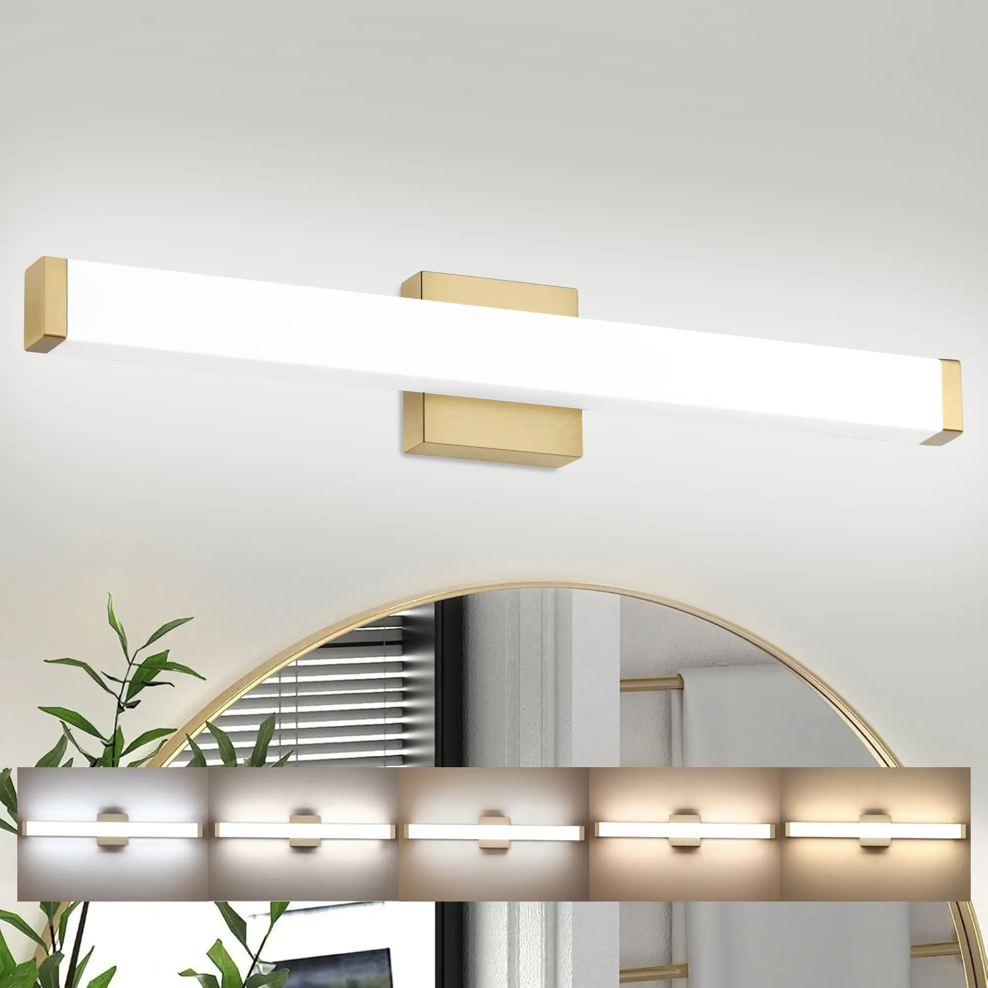 YHTlaeh Modern Bathroom Vanity Light 24inch 14W Dimmable 5CCT, Metal Brass Square LED Bathroom Light Fixture Over Mirror,Metal Brass Bar Vanity Light For Bathroom Mirror Restroom(ETL/FCC Certificated,IP44)