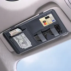 Car Sun Visor Organizer with 3 Card Slots, Mesh Pocket & Sunglasses Strap – Fits 99% of Automobile, Napa-Style PU Leather