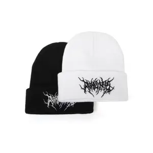 Gothic Street Punk Unisex Beanie | TikTokShopBlackFriday – Solid Color Embroidered Skull Cap, Adjustable Acrylic Warm Autumn Winter Couple Style Casual Wear