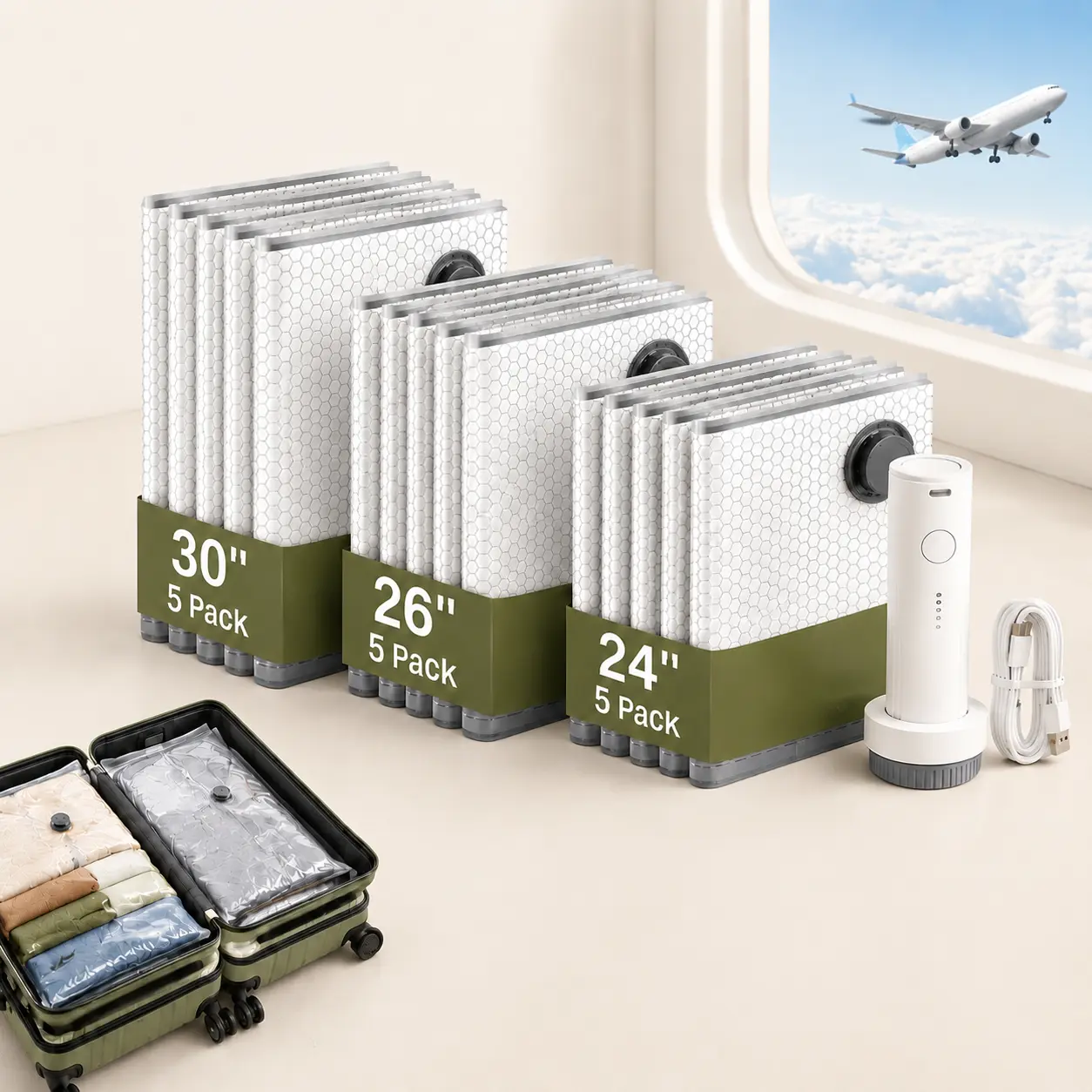 2026 Upgraded Multi-Size Waterproof Reusable Vacuum-Seal Compressed Storage Bags Set, USB Rechargeable Built-In Battery Handheld Pump (140L/Min High Suction), Leak-Proof Airtight Seal, Free Manual Air Pump Included, Set Storage Bags