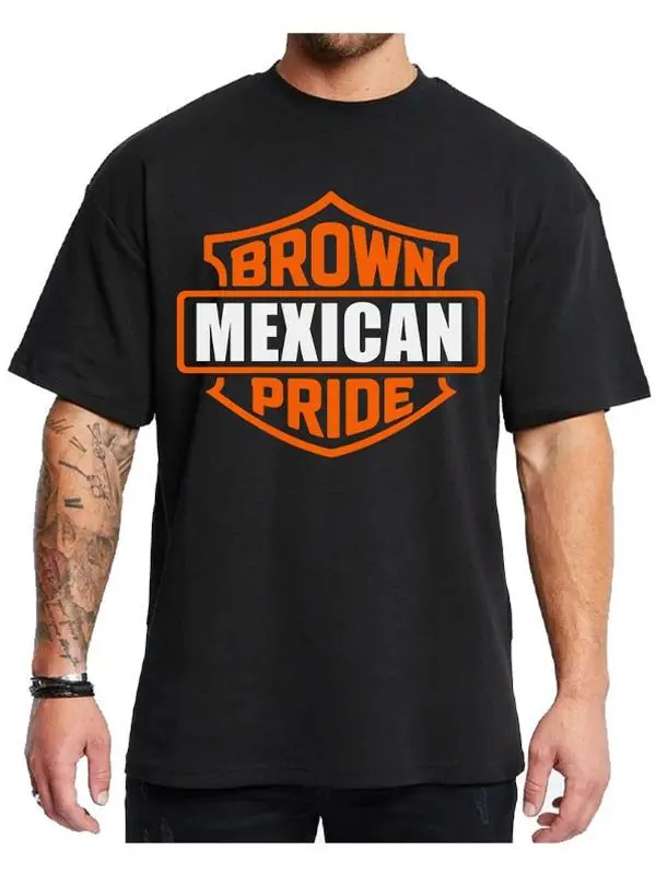 Mexican Brown Pride Logo 1 side, Men's Casual Short-Sleeve Cotton Fabric Chicano Style, Unisex Loose-Oversized Graphic Streetwear Hoodie (Menswear Top)
