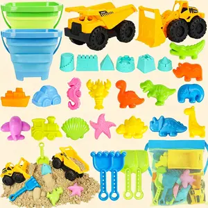 Kids Beach Sand Toys Set with 2 Construction Vehicles & Collapsible Buckets