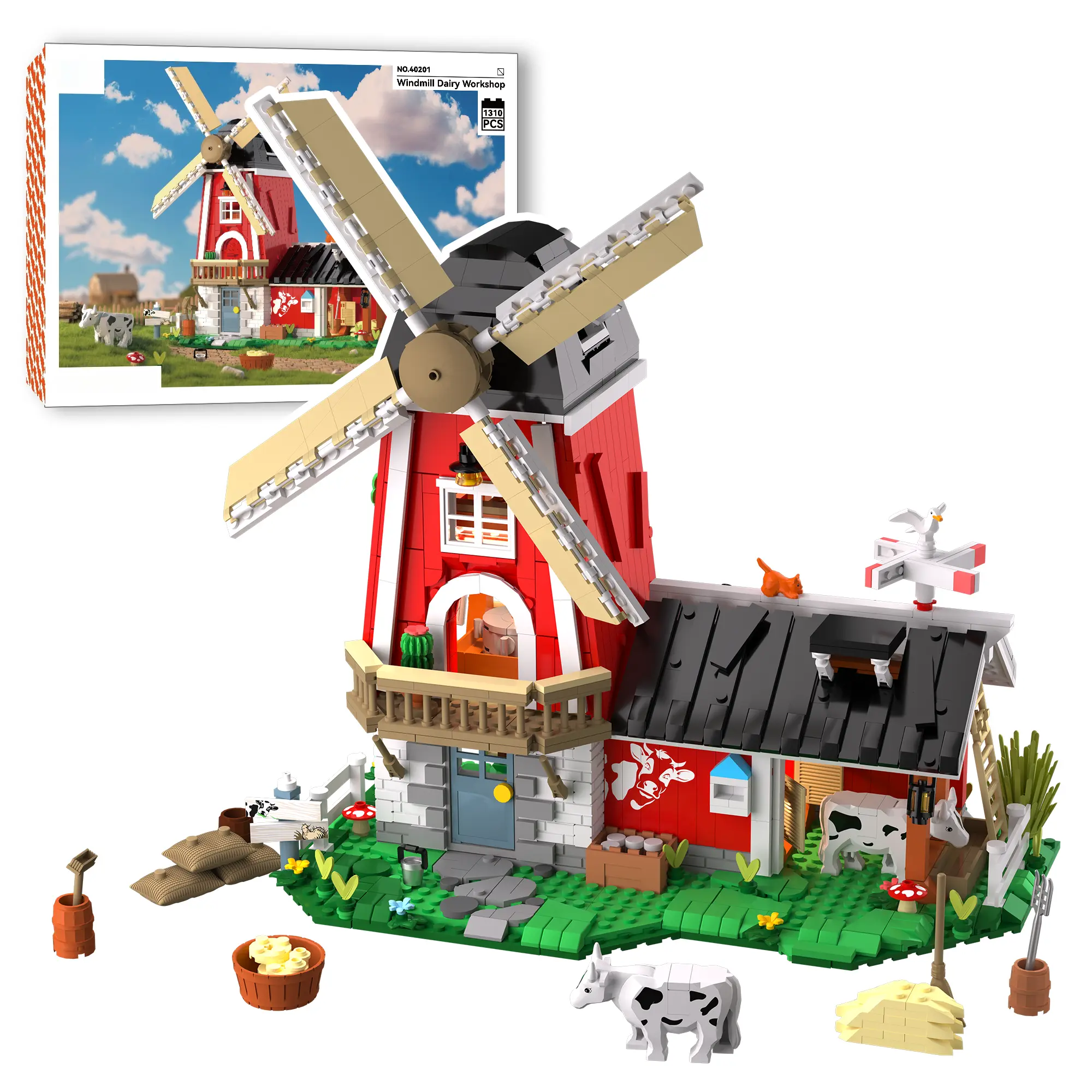 1310PCS Windmill Dairy Workshop Building Block Sets, Interactive Farm Scene with Windmill, LED Lights & Mechanical Elements, Unique Collection House Building Toys Gifts for Teens and Adults, Stress Relief Toy