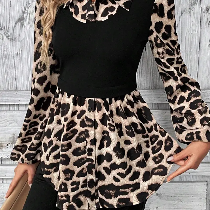 Women's Leopard Print Patchwork Colorblock Button Front Bishop Sleeve Blouse, Elegant Long Sleeve Collared Top for Spring & Fall, Women's Clothes for Daily Wear, Classy Tops
