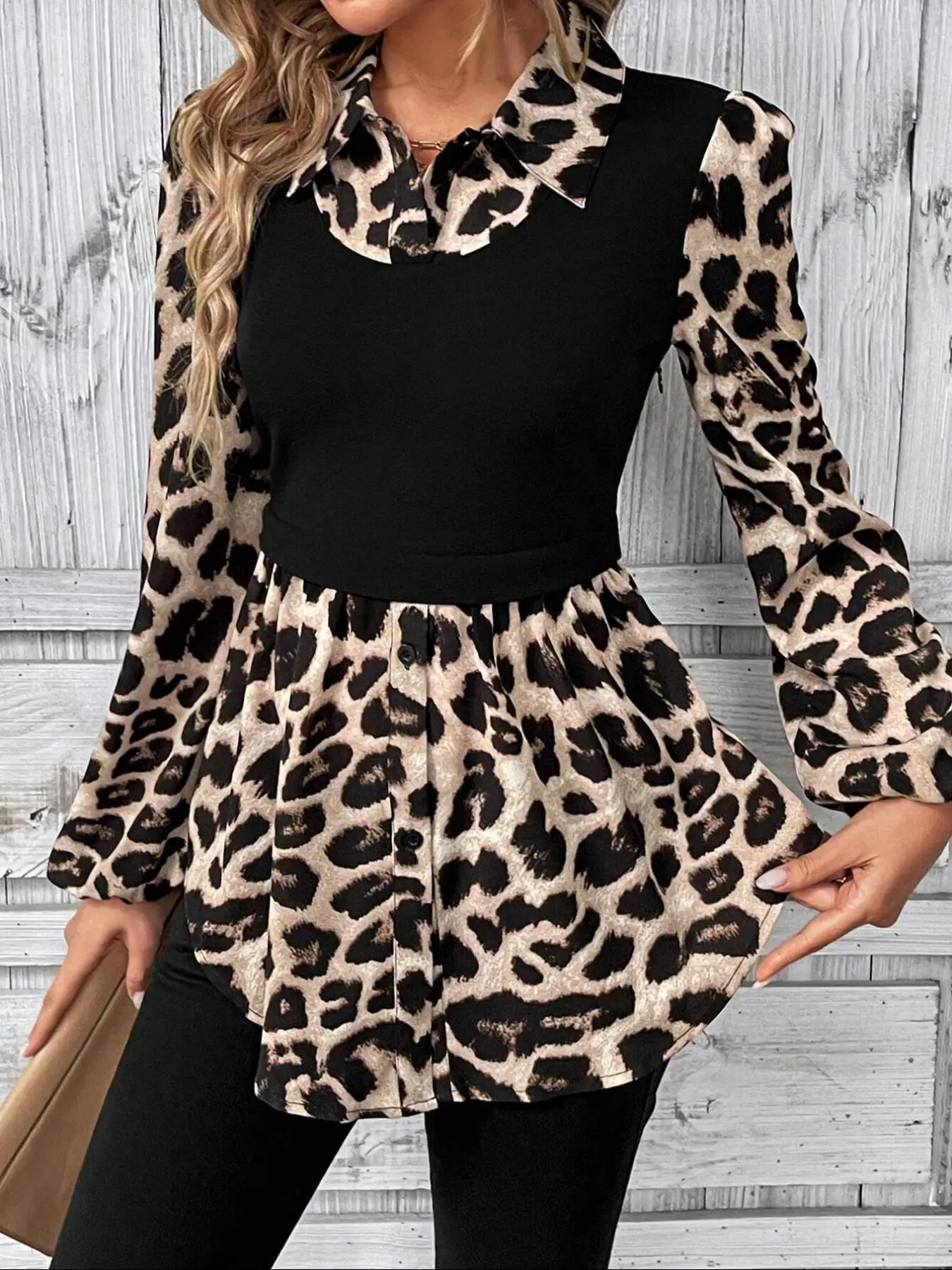 Women's Leopard Print Patchwork Colorblock Button Front Bishop Sleeve Blouse, Elegant Casual Long Sleeve Collared Top for Spring & Fall, Women's Cloth