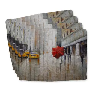 360 Stand Stylish Easy-Clean Rectangular Braided Polyester Placemats, 14x18 in, Red Umbrella in the Street Design, Set of 4 Tableware Set, Coaster Set