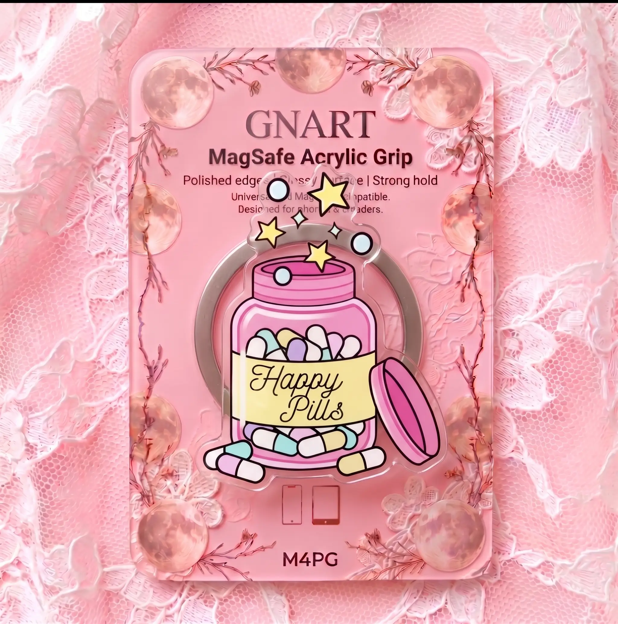 Cute Happy Pills MagSafe Phone Grip, Acrylic Pastel Pink Medicine Jar Magnetic Phone Holder for Kindle, Funny Mental Health Positivity Gift for Her