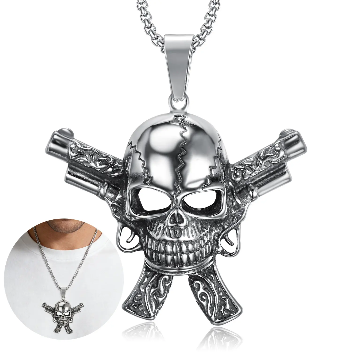Men's 316 Stainless Steel Biker-Style Double Gun Skull Pendant Necklace - Stainless Steel, Biker, Casual Style, Country Western, Cowboy Motif Chain Link Jewelry Accessory, Stainless Steel Necklaces, Biker Necklaces