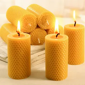 6 Handmade Rolled Beeswax Candles, Honeycomb Pattern Natural Yellow Pillar Candles, Unscented Clean Burning Smokeless Dripless, for Home Decor, Christmas Easter Holiday Decoration, Living Room Bedroom Table Decor & Creating Warm Cozy Relaxing Ambiance
