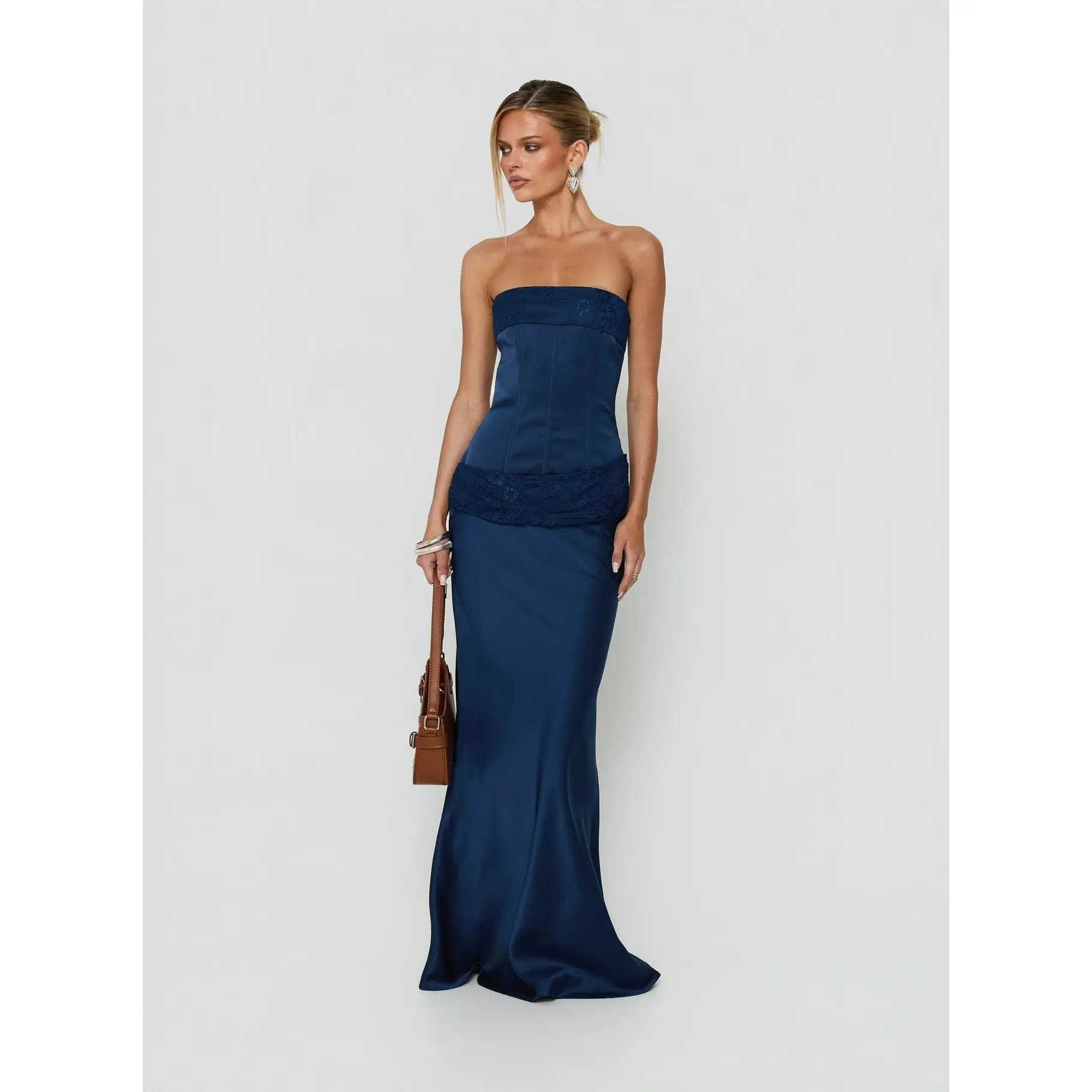 Sura Strapless Lace Detail Maxi Dress Navy