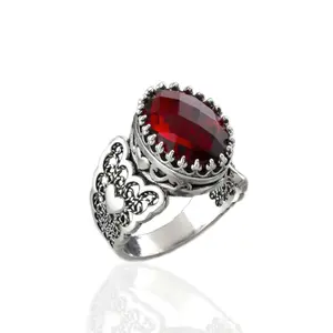 Ruby Quartz Gemstone Double Heart Detailed Filigree Art 925 Sterling Silver Women Statement Ring