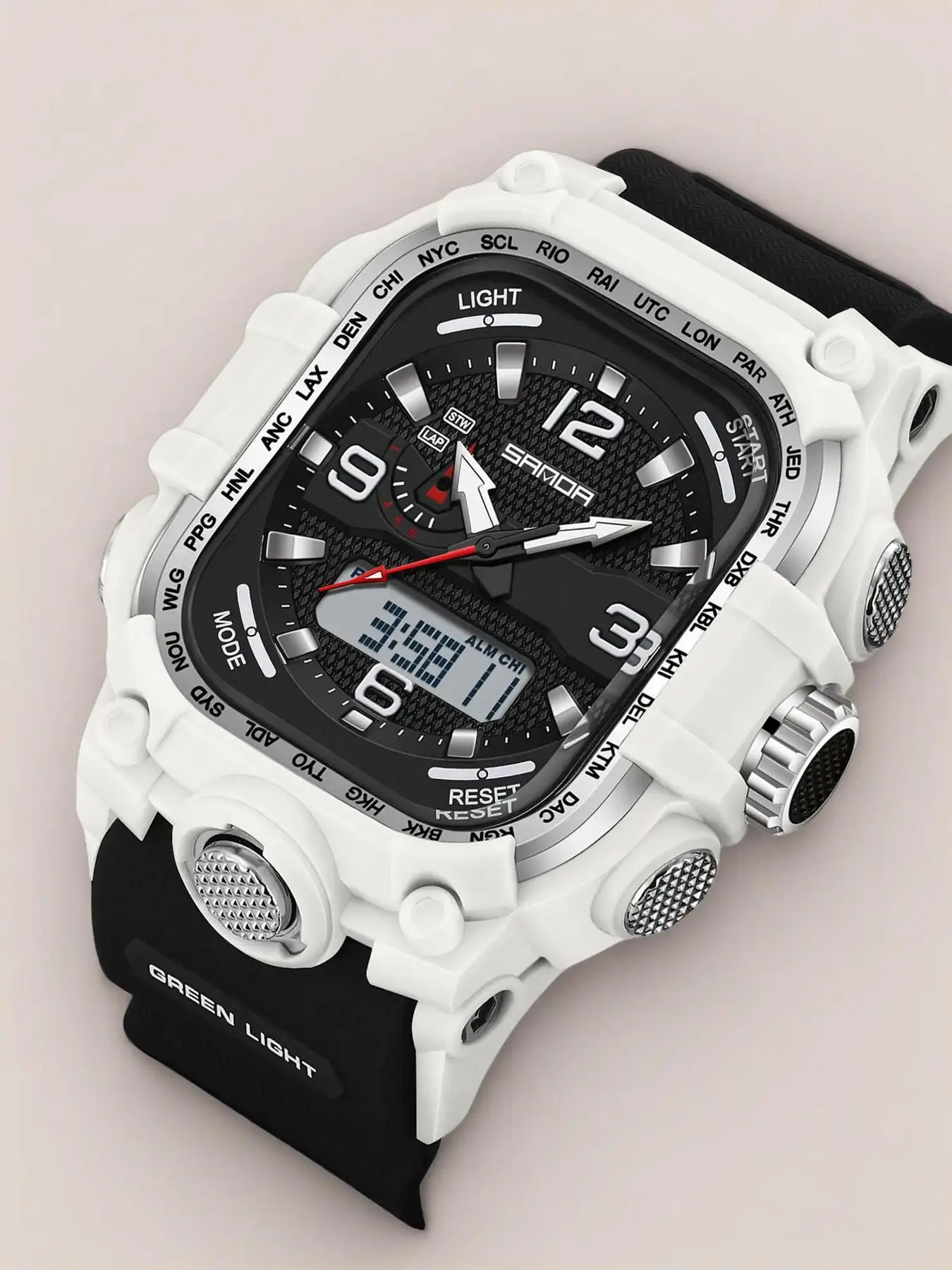 Sanda Brand Multifunctional Creative Square Three-Time Zone Quartz Waterproof Watch, Luminous Dual Display, Electronic Wristwatch for Men and Women, Casual Analog Watch, Casual Quartz Watch, Quartz Wristwatches, Analog Digital Wristwatch