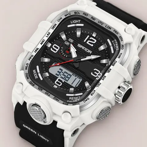 Sanda Brand Multifunctional Creative Square Three-Time Zone Quartz Waterproof Watch, Luminous Dual Display, Electronic Wristwatch for Men and Women, Casual Analog Watch, Casual Quartz Watch, Quartz Wristwatches, Analog Digital Wristwatch