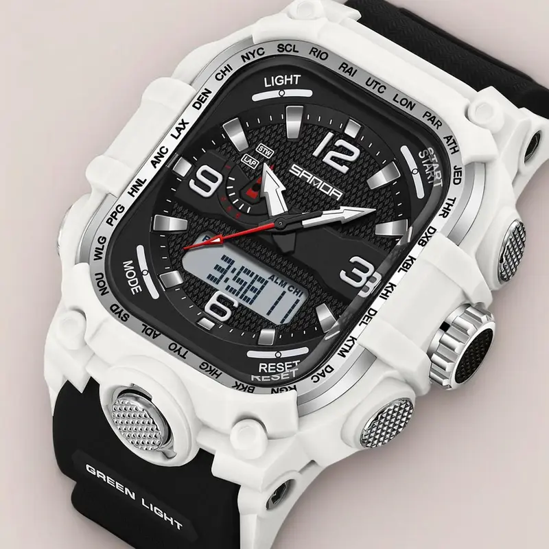 Sanda Brand Multifunctional Creative Square Three-Time Zone Quartz Waterproof Watch, Luminous Dual Display, Electronic Wristwatch for Men and Women, Casual Analog Watch, Casual Quartz Watch, Quartz Wristwatches, Analog Digital Wristwatch