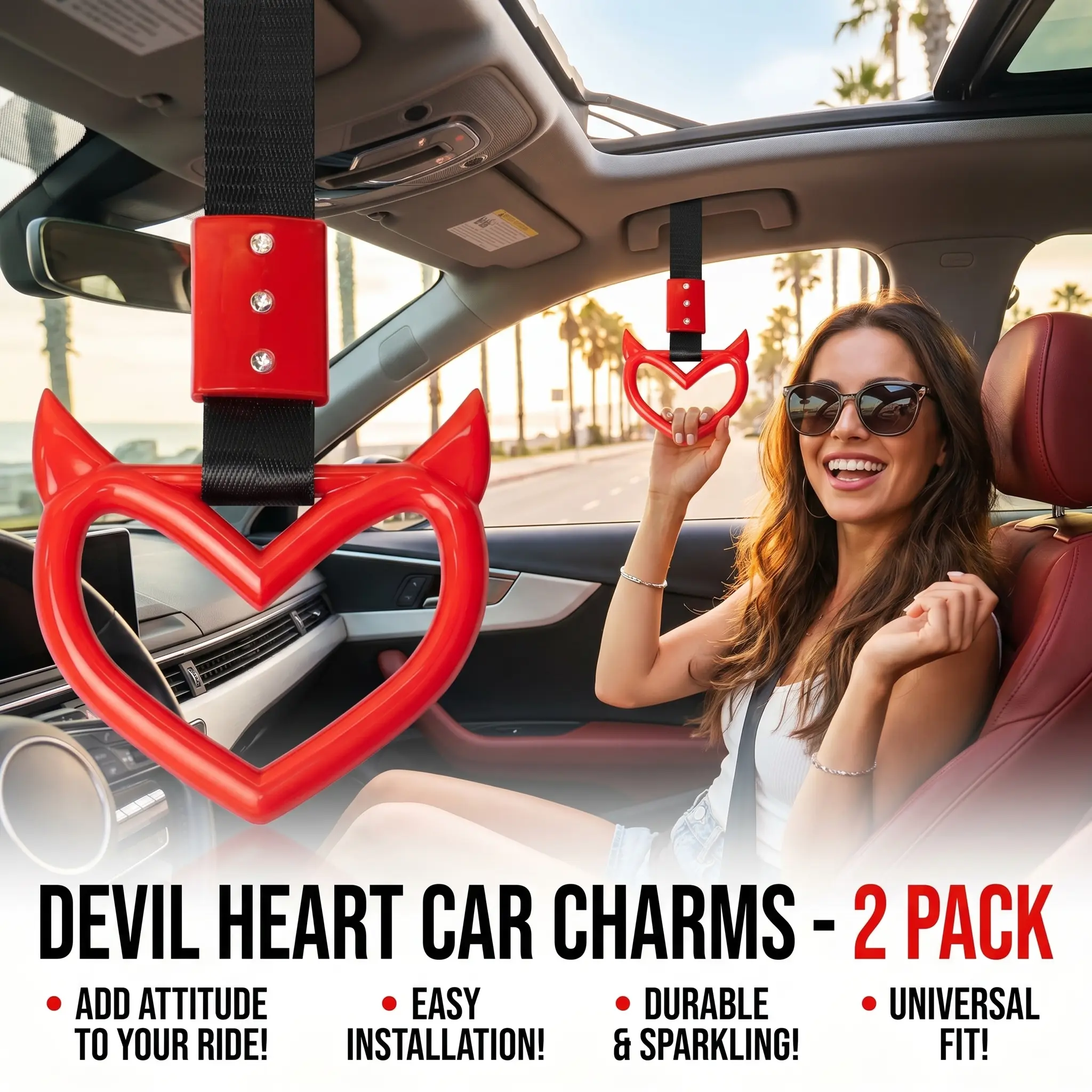 2 PCS Car Accessories Heart Handle Strap Drift Charm Hanging Ring Exterior Decoration Keychain Red Devil Style, Fun Car Accessories, Car Trinkets