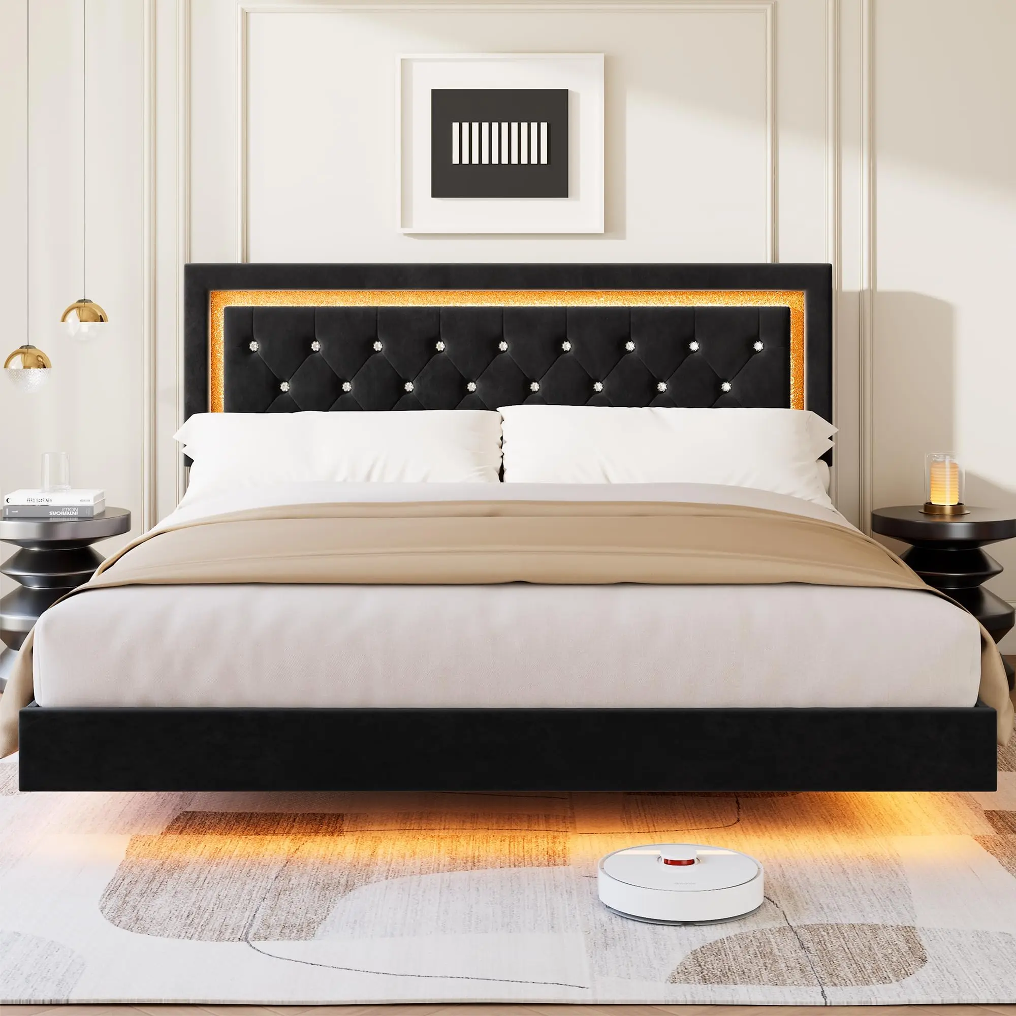 Garvee Upholstered Diamond Tufted Floating Bed Frame with Smart LED Lights, Solid Wood Slats Support, Noise-Free, No Box Spring Needed, Easy Assembly, Full Size Bed & King/Queen Sizes Available in Multiple Colors