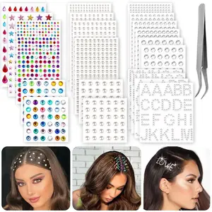 2609 Pieces Hair Gems,Hair Jewels Diamonds and Letters Rhinestones with Tweezers,Hair Pearls Stick on,Self Adhesive Bling Rhinestone Stickers for Crafts,Face,Eye,Nail,Clothing,6 Shapes, 3-8mm