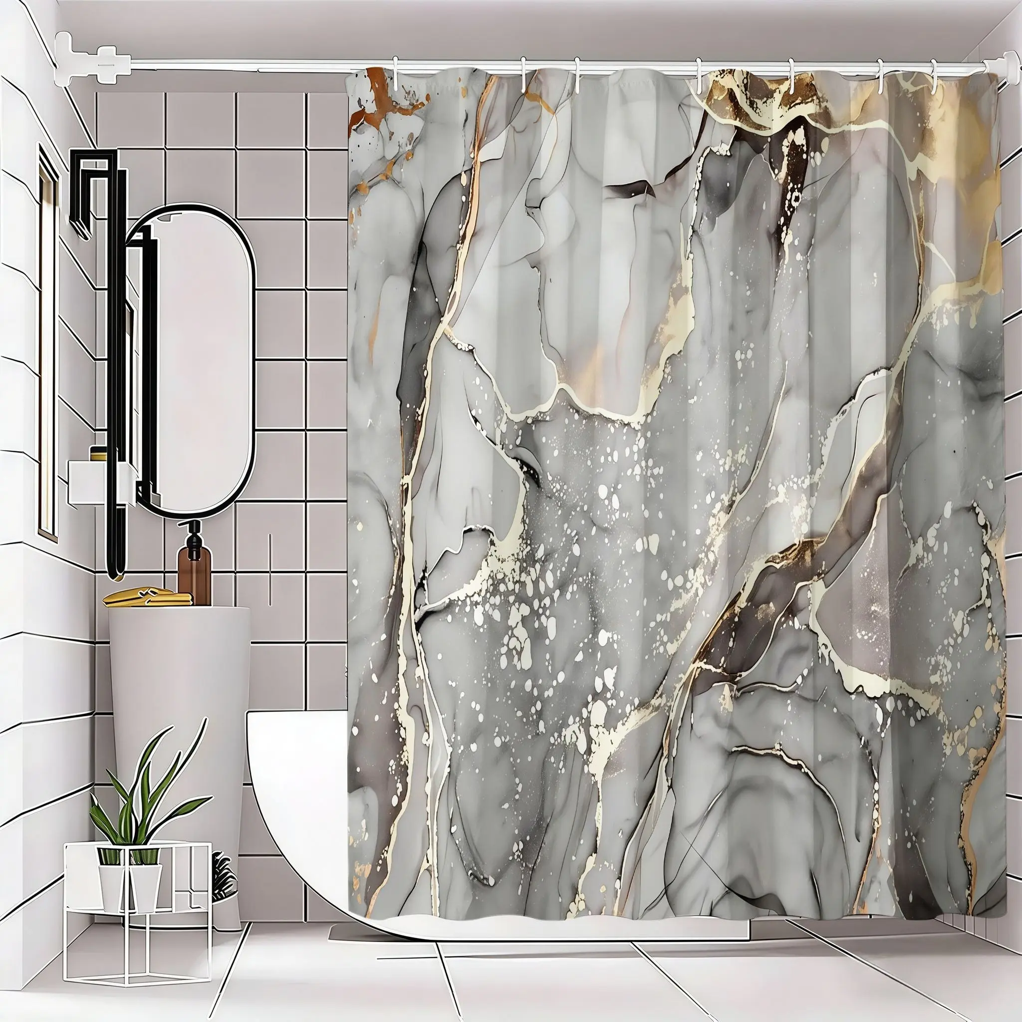 Luxurious Abstract Marble Aesthetic Decorative Shower Curtain, Elegant Veins, Modern Bathroom Decor, Fits Standard Bathtubs, Curved Chrome Rod Included, Bathroom Accessory