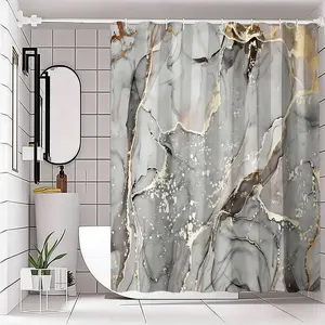 Luxurious Abstract Marble Shower Curtain, Elegant Veins, Modern Bathroom Decor, Fits Standard Bathtubs, Curved Chrome Rod Included, Bathroom Accessory