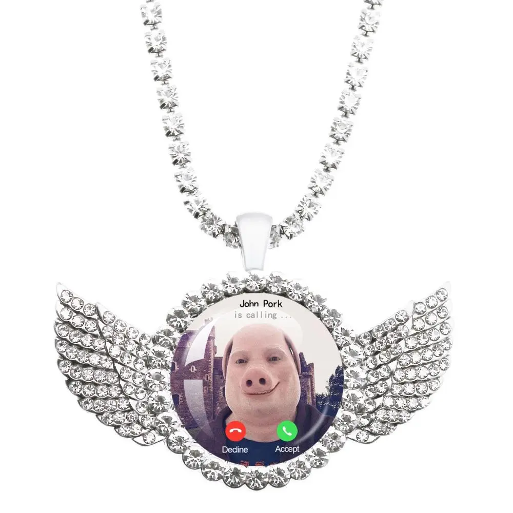 John Pork Is Calling Answer Call Phone Humor Funny Pig Graphic Glass Cabochon Angel Wings Pendant Necklace Jewelry Gift