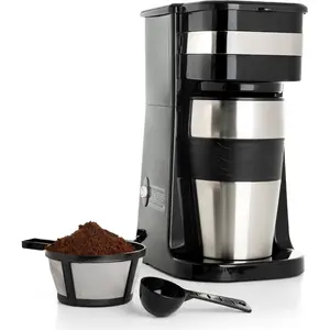Black Personal Single Serve Coffee Maker with 14oz Travel Mug, Drip Small Coffee Maker with Auto Shut Off,  Filter, Works with Ground Coffee Only - Not for K-Cup Pods