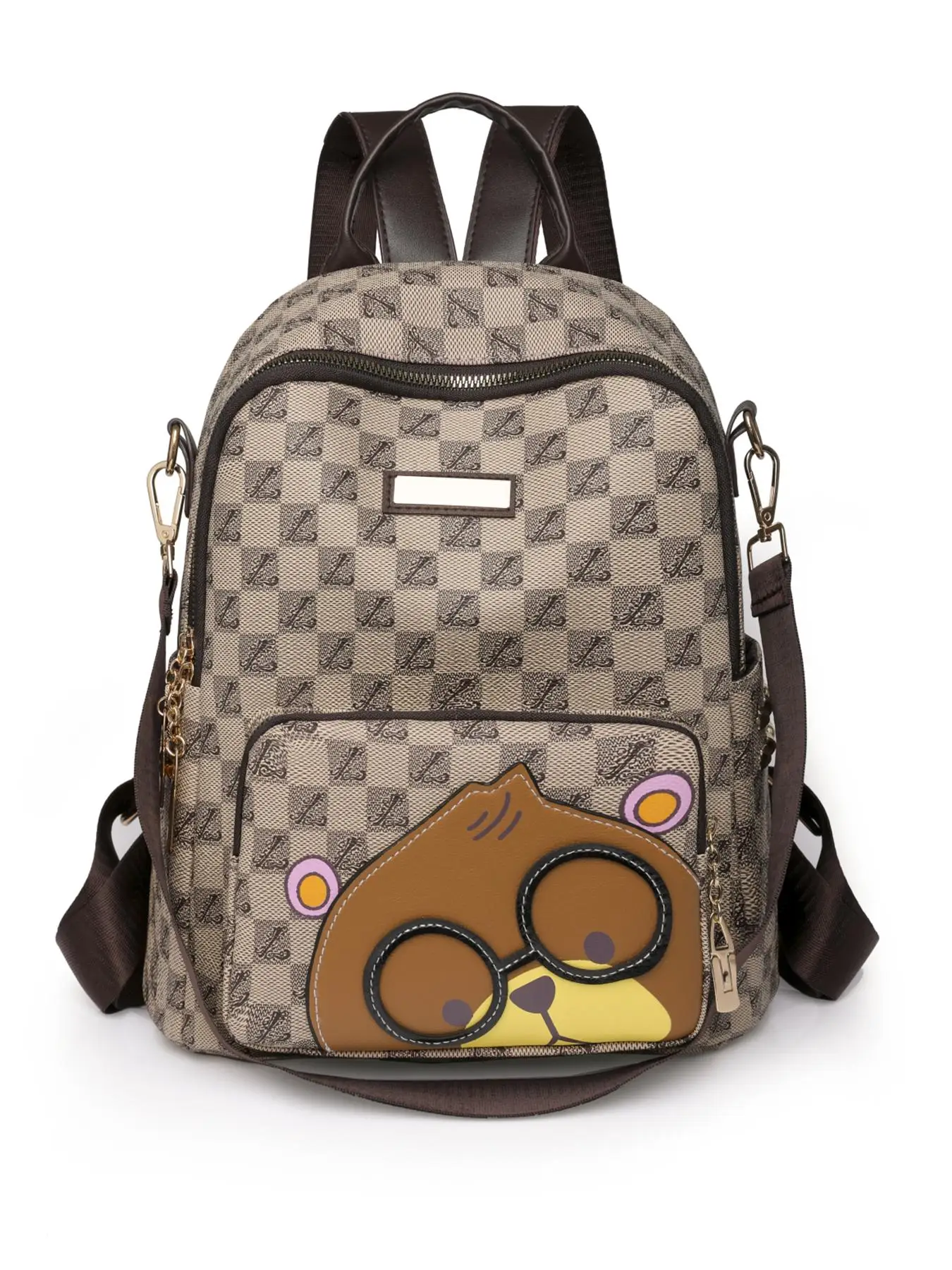 Cute Cartoon Bear Pattern Backpack for Summer, Plaid Print Zipper Backpacks for School for Women & Men, Large Capacity Bookbag for Daily Used and Work