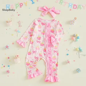 Baby Girl Birthday Romper Ruffles Cake Bow Print Long Sleeve Zip Up Jumpsuit Bow Headband Soft Bamboo Rayon Baby Bodysuits Toddler Birthday Jumpsuit