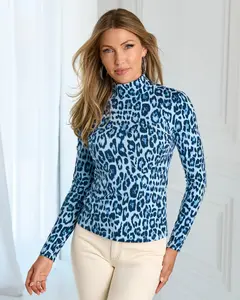 Long Sleeve Printed Turtleneck Chambray Cheetah