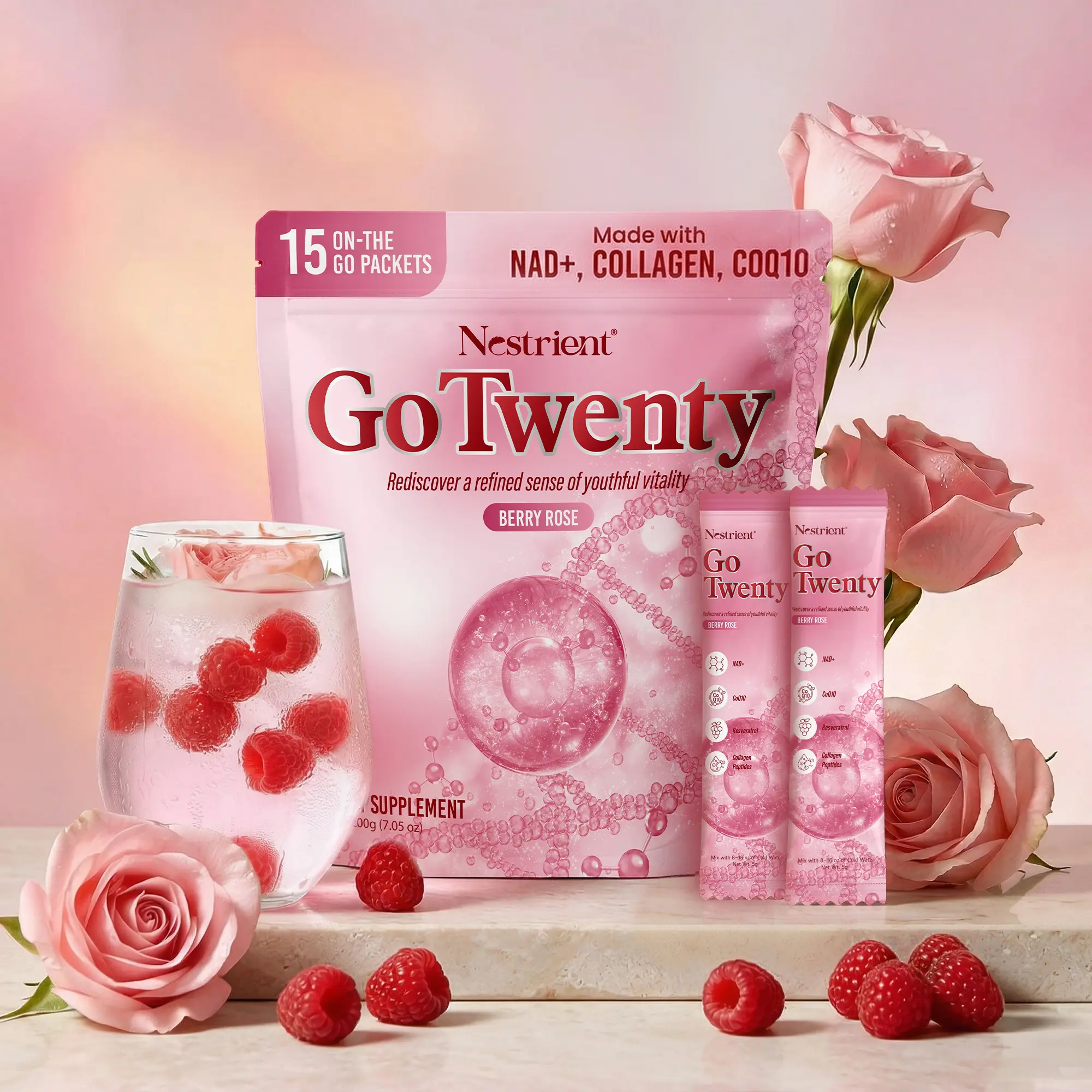 GoTwenty Daily Wellness Drink Mix | Collagen, NAD+ & CoQ10 | Berry Rose Flavor | 20 On-The-Go Packets | Nestrient, Gift for Mother, Mother'day Gift, Supplement, Edible, Dietary, Fitness, Healthcare, Beauty, Colagen, Natural, Acid, Zinc, Support for Women