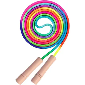 Rainbow Jump Rope for Kids - Wooden Handle - 8.5FT Adjustable Nylon Braided Fitness Skipping Rope for Girls or Boys Fitness Outdoor Exercise Physical Education