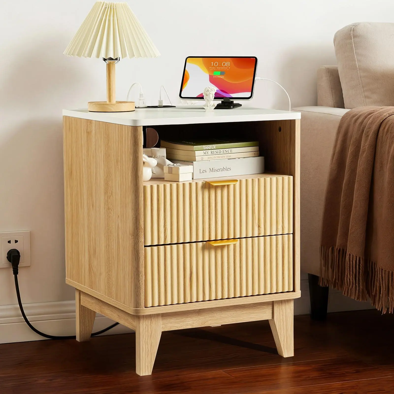 Small Size Oak Wood Nightstand - 18" Bedroom Bedside Table with Built-in Charging Station, AC Outlets, USB-A & USB-C Charging Ports, Fluted Panel Texture, Faux Marble Top & Drawers, Boho Chest