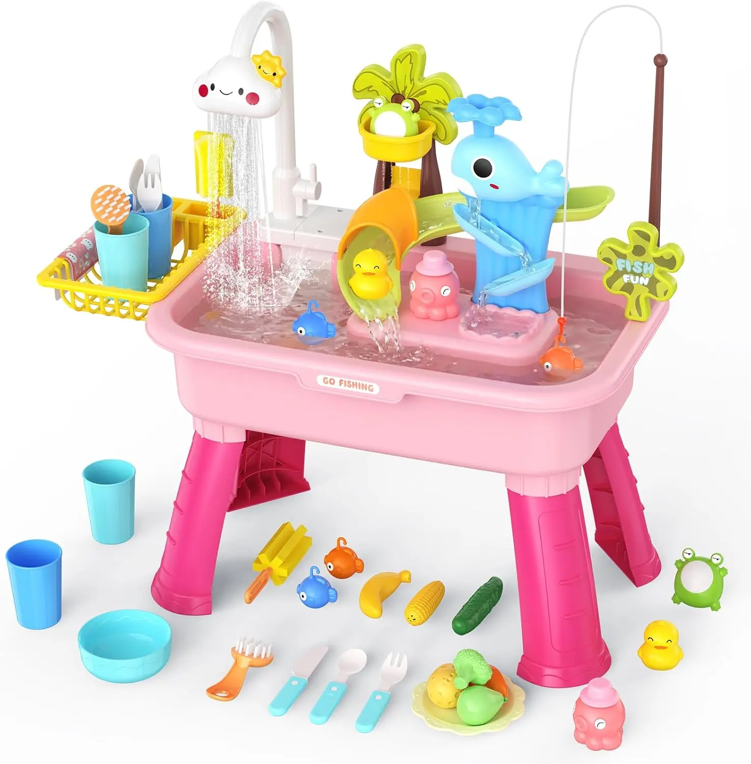 Kids Water Table for Toddlers & Kids Ages 1-8 – Outdoor Sensory Splash Play Table with Pump & Running Water, Kitchen Sink Playset, Fishing Toy Set – Summer Backyard Water Toys, Pink