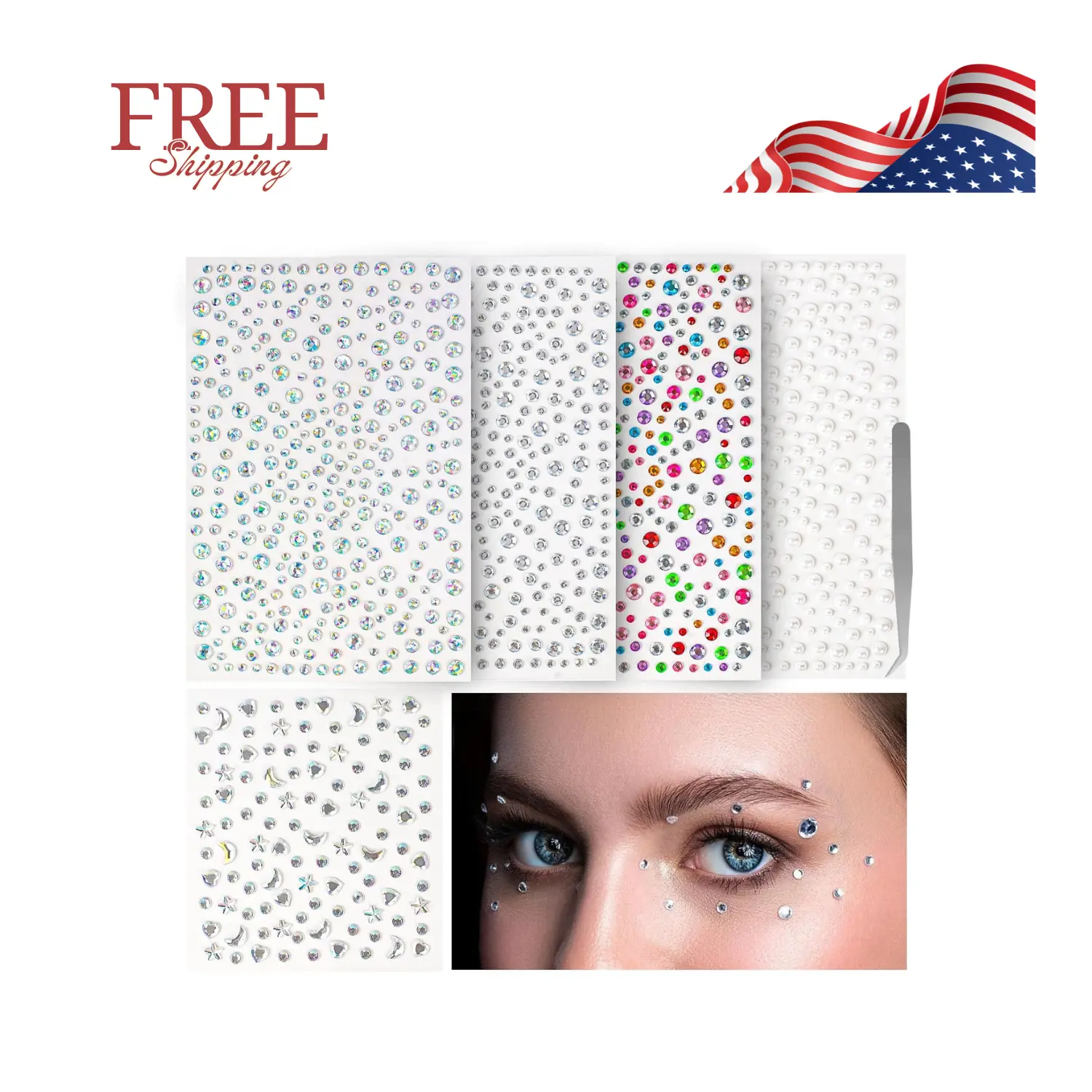 1465P Face Gems, Self-Adhesive Hair Gems, 5 Different Types