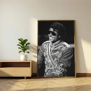 Michael Jackson Black and White Poster, Vintage King of Pop Concert Photo Print, Sparkly Military Jacket Wall Art, Music Room Decor Gift