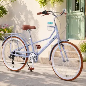 Women's 24 Inch Cruiser Bike 6 Speed Step-Through Commuter Bicycle with Rear Rack Cup Holder Steel Frame Blue City Bike for Adult Leisure Riding, Blue Color Options, Steel Material, Product Dimensions: 24.80 W x 65.95 D x 38.54 H in