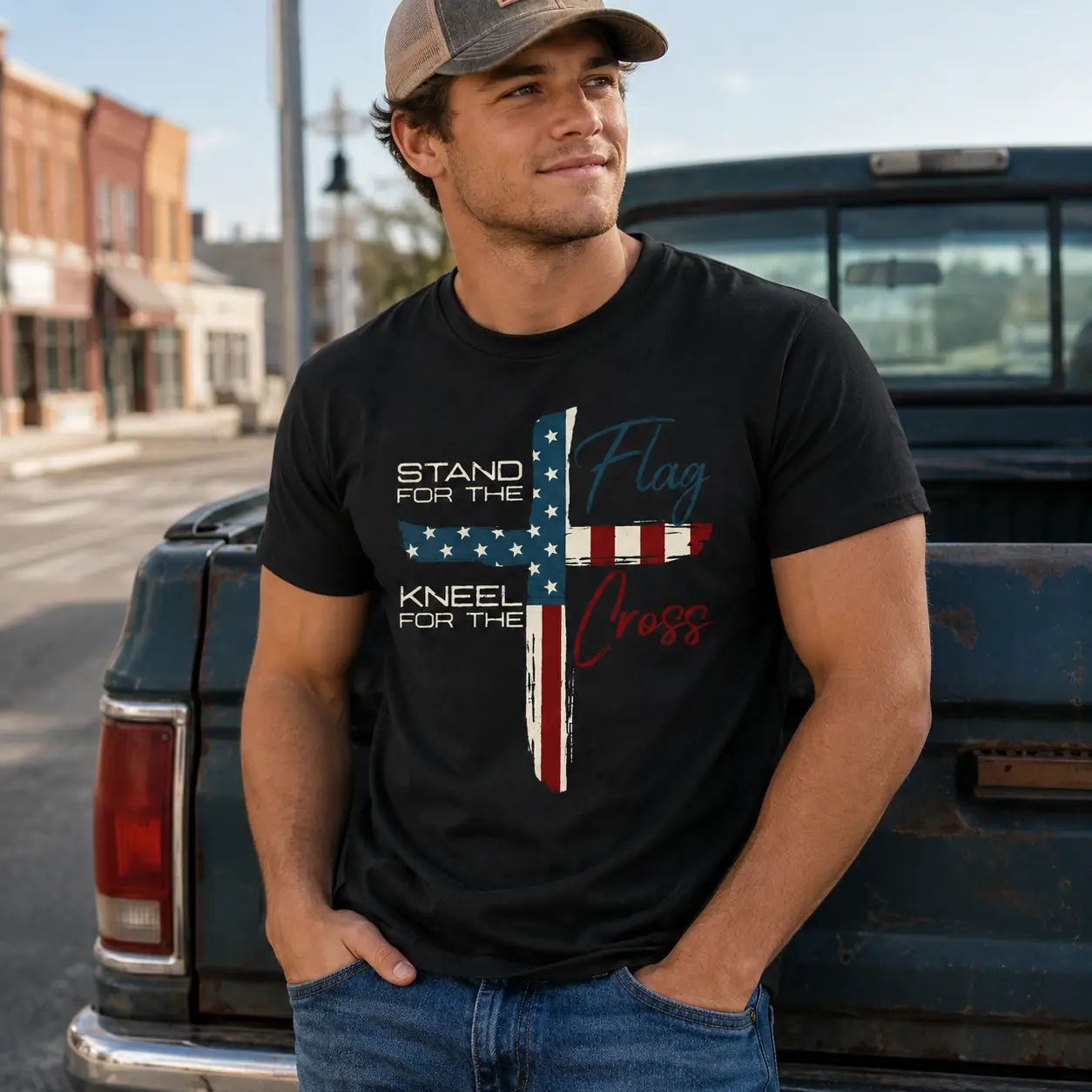 [Mid Year Sale] Stand for the Flag Kneel for the Cross T-Shirt, Patriotic Christian Sweatshirt, American Flag Cross Faith Shirt, Black Casual Short Sleeve Top