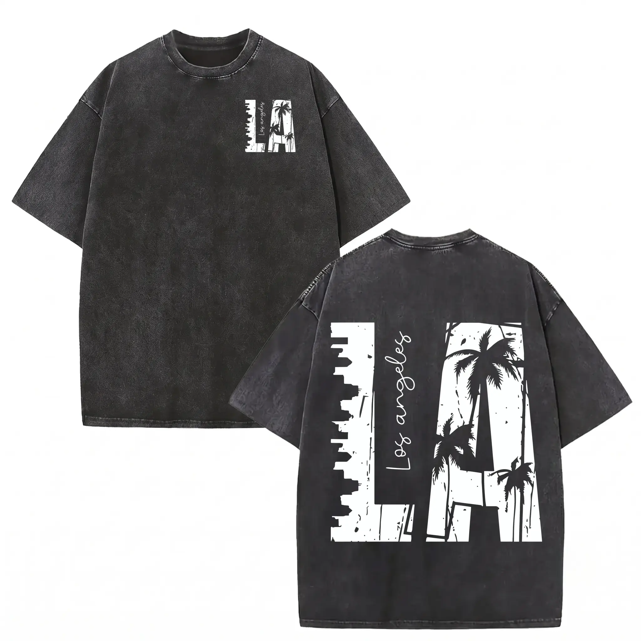 Men's Short-Sleeve Casual Distressed Matching 100% Cotton LA Cityscape Printed T-Shirt - Soft Loose Streetwear Urban Gift Idea, Menswear-Inspired Unisex Vintage Washed Tee for Streetwear Use