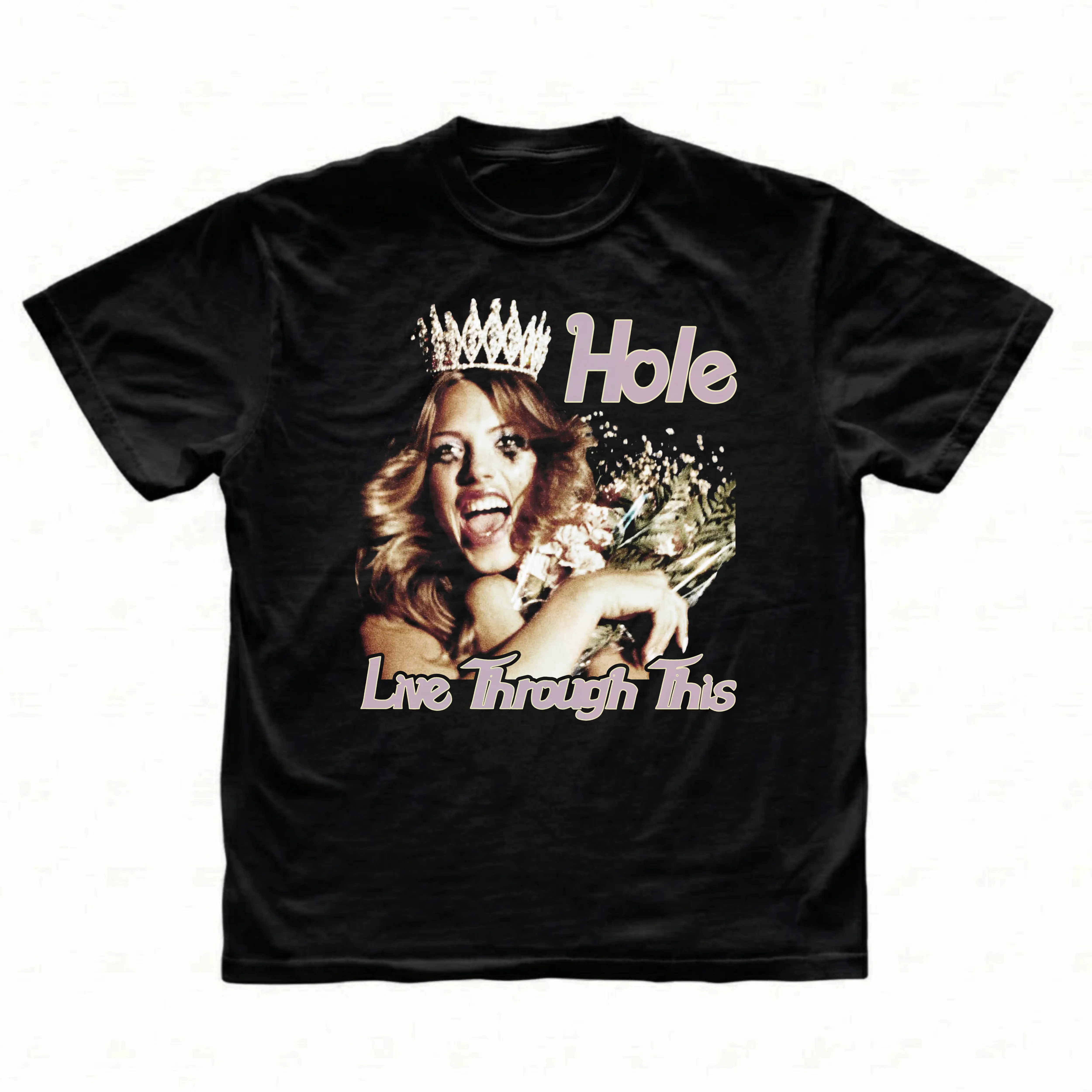 Gildan Men's and Women's T-Shirt, Vintage Hole Live Through This Graphic Tee, Pageant Queen Tiara Crown Shirt, Alt Rock 90s Music Merch, Y2K Grunge Dark Aesthetic Streetwear Top, Crying Mascara Flower Apparel, Bootleg, Gift for Fans, Unisex Cotton
