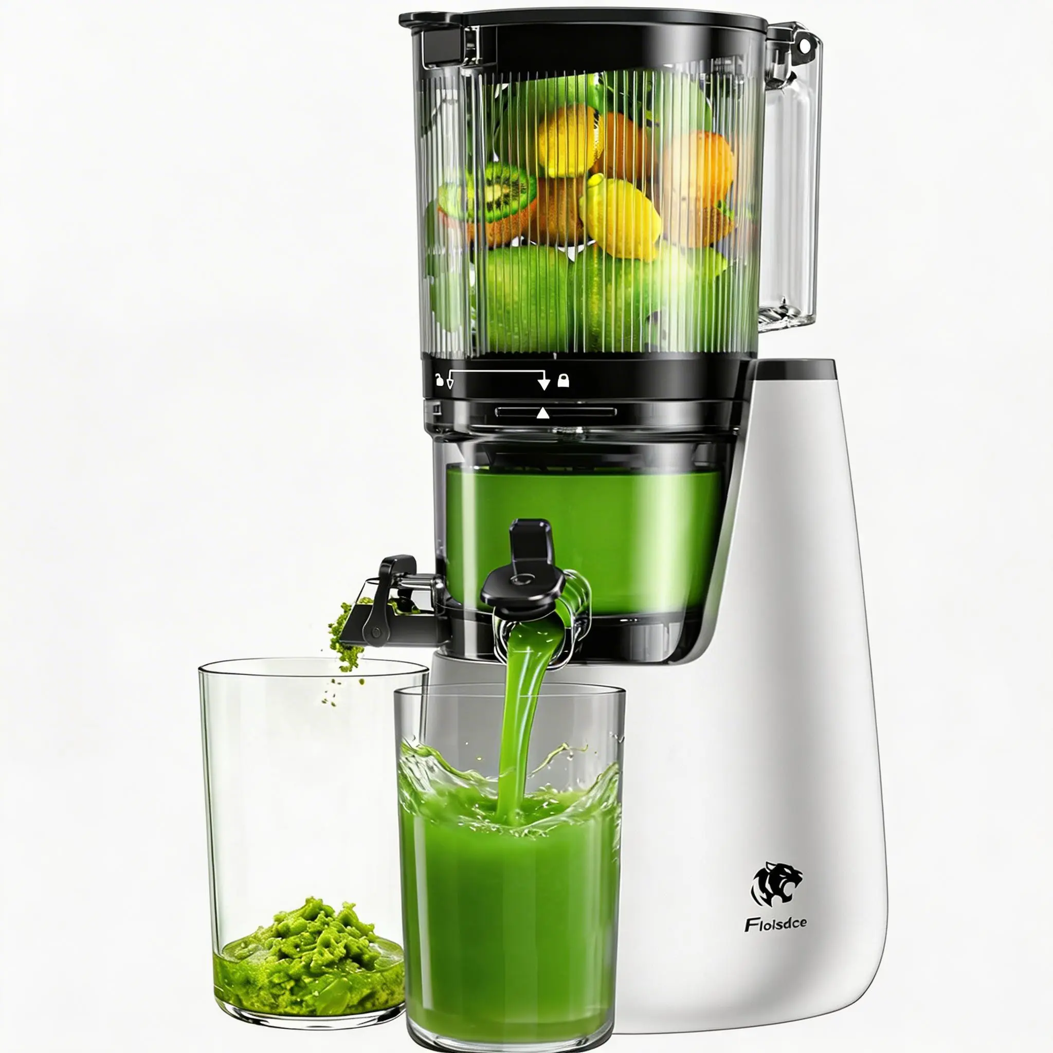 Juicer, slow-speed mixing type juicer, equipped with a 5/6.5-inch feed port, capable of extracting whole fruits and vegetables. Made of stainless steel. The slow-speed mixing type juicer is easy to clean and has a purity of 99.6%.