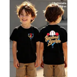 Young Boys' T-Shirts, "Baseball Lifestyle" Baseball Theme Printed Boys' Short-Sleeved T-Shirts, Round Neck Casual T-Shirts, Soft Material,Suitable For Sports And Leisure Wear, Short-Sleeved T-Shirts for Spring/Summer, Suitable For Travel And Daily Wear