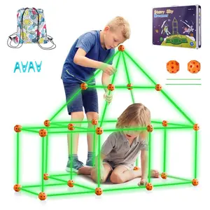 fathersdaygift VEVOR Fort Building Kit for Kids, 85PCS Glow in The Dark STEM Building Toys, Educational Gift for 4 5 6 7 8+ Year Old Boys Girls, Indoor Outdoor Play Tent Construction Toys with 55 Rods and 30 Balls