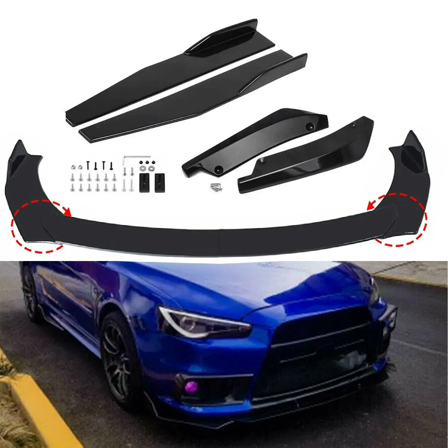 Universal Glossy Black Front Bumper Lip Splitter Chin Spoiler Body Kit+74.5CM Side Skirt Splitter+Rear Bumper Lip Wrap Splitter Canard Set