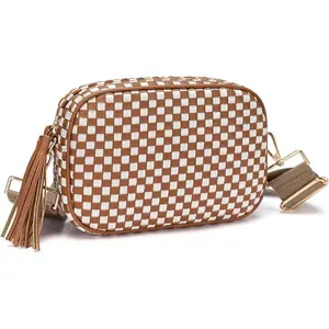 Small Checkered Crossbody Bag for Womenl Cute Vegan Leather Purses Trendy  Handbags Wide Strap